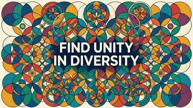 Find Unity in Diversity text on colorful abstract geometric background, symbolizing harmony and