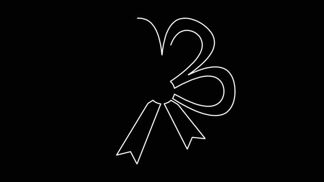 Animated ribbon bow line drawing on black background for festive decoration and gift wrapping concept motion graphics.