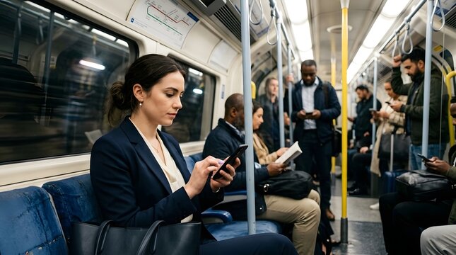 Inside a moving subway car  a woman with brown hair tied back is seated  looking down at her phone  Other commuters are visible around her  some standing  others reading or using devices