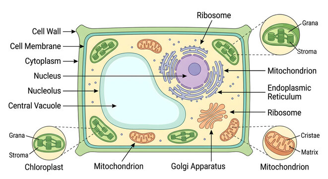 plant cell diagram educational illustration showing organelles like nucleus mitochondrion chloroplast vacuole ribosome and golgi apparatus with labels for biology science learning textbooks and