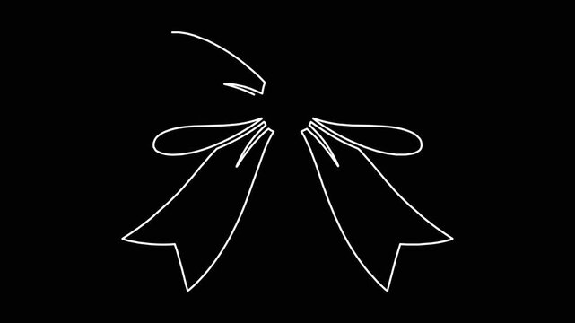 Minimalist white line art ribbon bow animation drawing itself on a pure black background in a clean modern style.