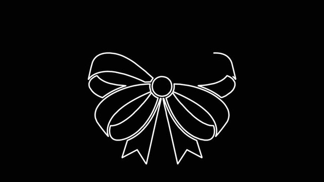 Minimalist white line art ribbon bow icon animation on transparent alpha background with loop and bounce effect.