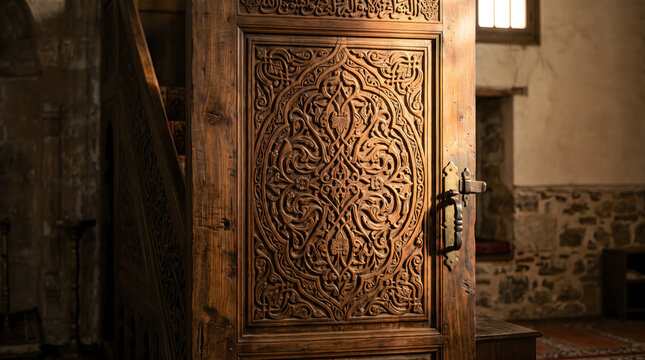 Ramadan wooden minbar with intricate Islamic carvings in a mosque