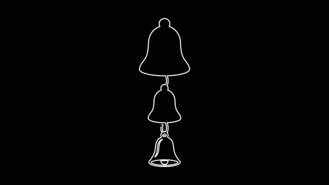 Minimalist white line animation of three hanging bells appearing sequentially on black background for holiday motion art.