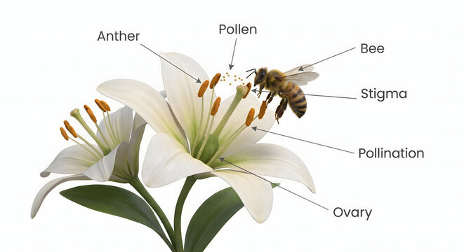 educational diagram showing honey bee pollinating a white lily flower with labeled parts including anther pollen stigma ovary and pollination process for biology textbook or scientific study