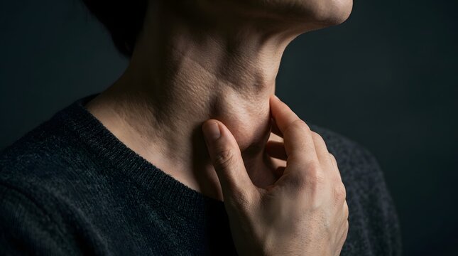 Close up of person touching swollen thyroid nodule on neck against dark background studio.