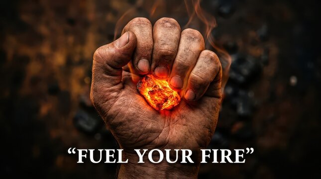 Fist holding glowing ember with smoke and fire, symbolizing passion, motivation, and inner strength