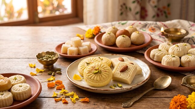 Traditional indian sweets including peda kaju katli and sandesh served on ceramic plates on wood.