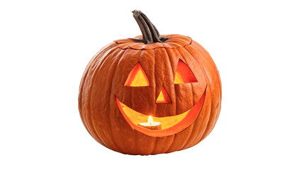 Scary carved Halloween pumpkin jack o lantern with spooky glowing smiling face on transparent background © Sebastian