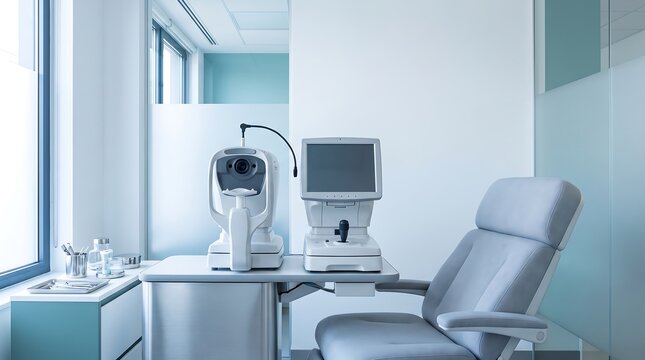 Ophthalmic diagnostic equipment on table next to patient examination chair in optometry clinic.