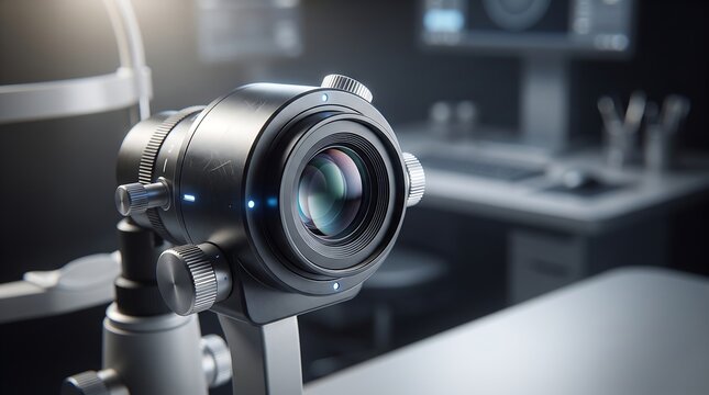 Close up modern black ophthalmic equipment lens with blue light glows for eye examination.