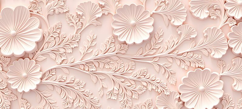 Bas-relief mural monochromatique en pl&acirc;tre rose repr&eacute;sentant des coquelicots sculpt&eacute;s, id&eacute;al pour papier peint de luxe, arri&egrave;re-plan esth&eacute;tique et design d'int&eacute;rieur moderne