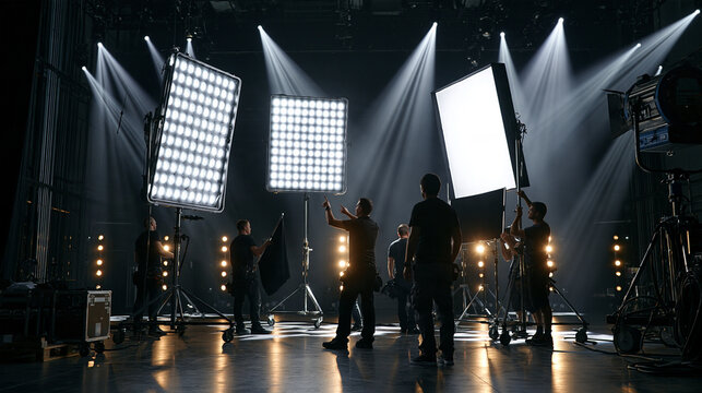 Lighting crew rigging large LED panels and softboxes on stands inside a dark soundstage, gaffer pointing at the lights, grips carrying flags and diffusion frames, volumetric light