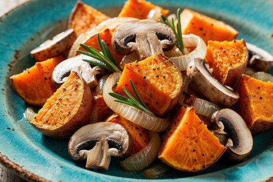 Roasted sweet potato chunks with sliced mushrooms, white onion on blue plate. Fresh rosemary sprig garnish healthy vegetable meal. Simple AIP diet food prepared for autoimmune protocol wellness, anti