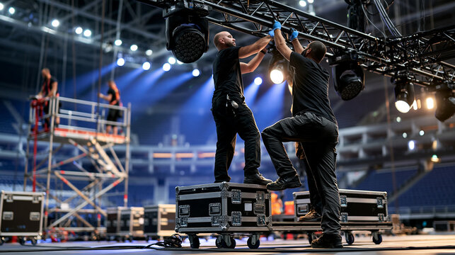Stage crew assembling a large concert stage, technicians in black clothing and work gloves mounting truss and lighting rigs, riggers on scaffolding, flight cases on the floor, empt