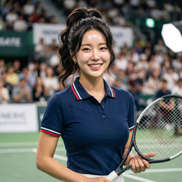 Vibrant Young Asian Woman In Navy Polo Shirt Holding Tennis Racket On Indoor Stadium Court