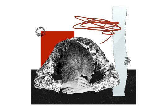 Composite trend artwork 3D sketch image photo collage of&nbsp;red black white color aged lady lying down hand table tired sleep mind think mess