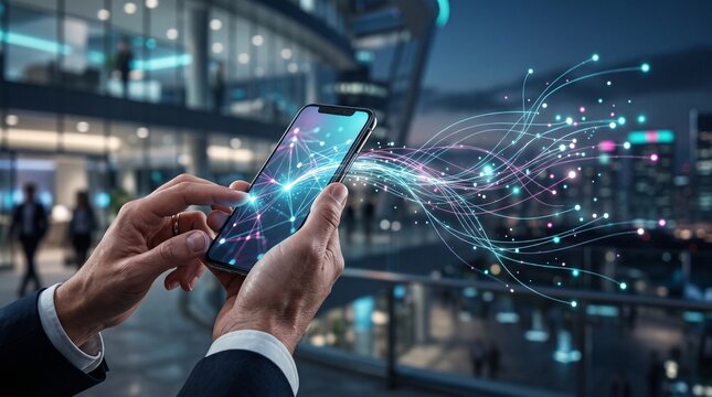 Person using smartphone with glowing digital data trails in night city