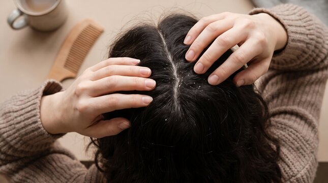 Woman checking dark hair parting and dry scalp for dandruff or hair loss issue