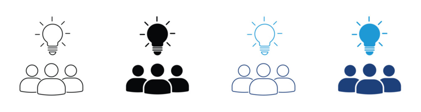 Team brainstorming, creative thinking and team idea icon. Light bulb over group of people. idea lightbulb, collaboration, innovation, knowledge sharing, business teamwork, problem.