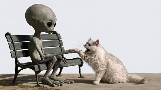 Holiday alien scared cat hiss, funny sci-fi photo