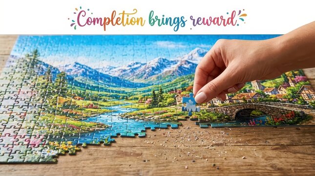 Hand placing final piece of a scenic mountain village jigsaw puzzle on wooden table