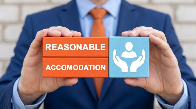 Business executive holding wooden blocks representing reasonable accommodation concept for workplace inclusivity and accessibility with inclusive workplace