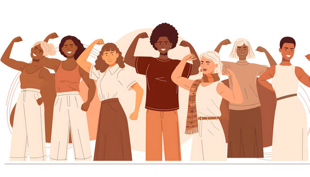 A diverse group of empowered women standing together and flexing their muscles to celebrate female strength and unity concept illustration
