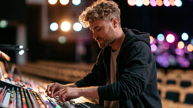 Sound engineer at a front-of-house mixing console adjusting faders before a live show, empty auditorium seats in the foreground, colorful stage lights in the background, soft glow