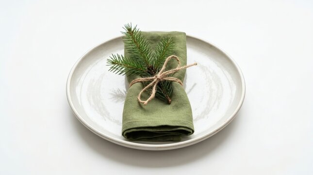 Minimalist Holiday Table Setting with Green Napkin and Pine