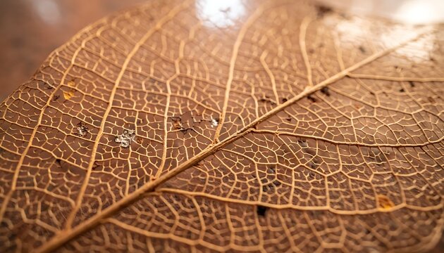 Dried leaf with visible vein network on textured surface