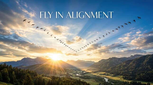 Flock of birds flying in V formation over mountains at sunrise with sun rays