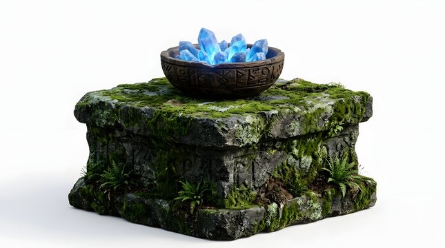 Ancient Stone Altar with Glowing Blue Crystals in a Carved Bowl Fantasy Game Asset Isolated on White Background