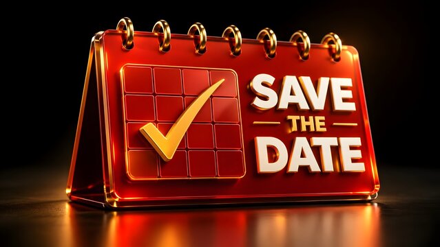 Save the date announcement on glowing red calendar with gold checkmark representing event scheduling and invitations
