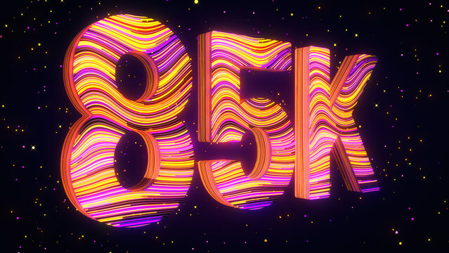 Large perspective view of a futuristic 3D 85K number featuring vibrant purple, yellow, and magenta flowing lines, luminous edges, and glowing particles against a dark cosmic background.