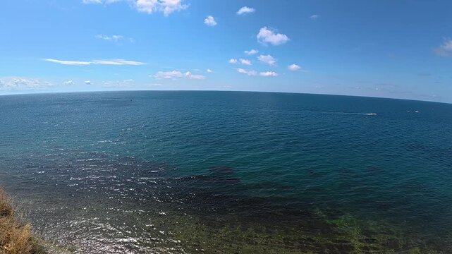 Coastal ocean horizon viewed from a vegetated cliff as calm blue water stretches toward the clear sky in a bright tropical seaside landscape