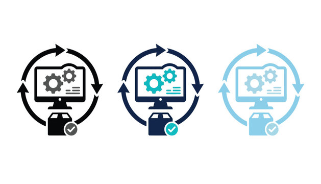 Set of software update icons with computer monitor, gears, and package box, representing continuous deployment and automated delivery process