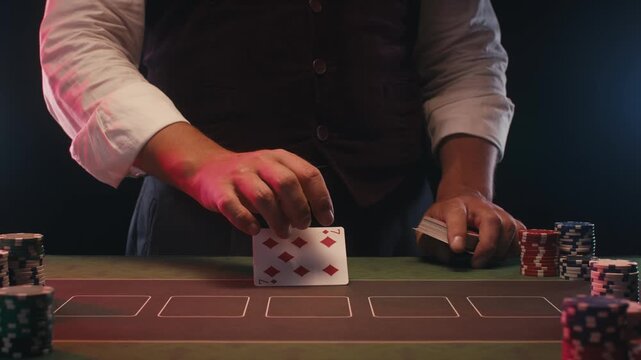 Magic trick, Professional croupier shuffling and dealing playing cards at a casino table, poker and blackjack game, magician performing a card trick shuffling cards deck