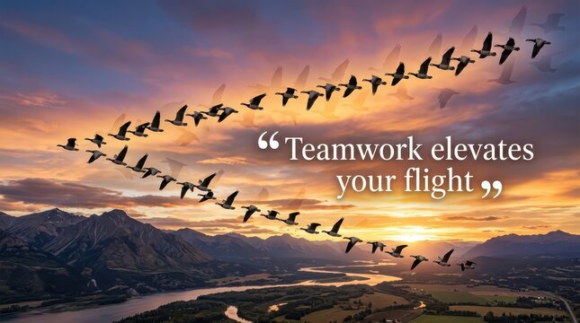 Flock of Geese Flying in V Formation Over Mountains at Sunset, Inspiring Teamwork Quote