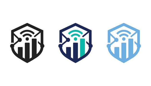 Set of shield icons with bar graph and wireless signal symbols representing data security, network protection, and cyber analytics