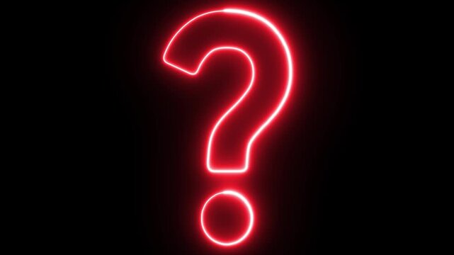 Glowing red neon question mark symbol drawing and pulsating animation isolated on black background, query and help icon motion graphic loop.