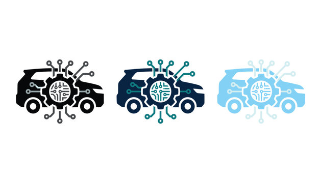 Smart car icon set, electric vehicle technology concept, automotive software and digital engineering symbol, vector illustration