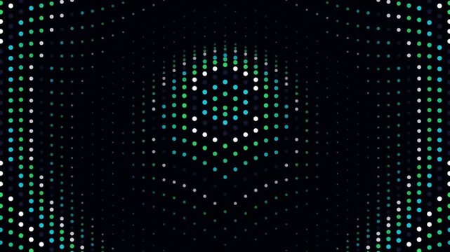 Quantum Magnetic Field kinetic pin array isometric matrix kinetic dot sculpture stock motion video rendered with BIOLUMINESCENT GREEN electromagnetic particle graphics. 