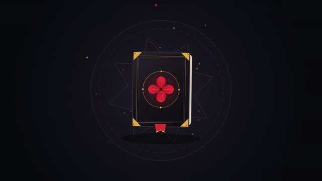 Mystical Magic Book with Glowing Emblem Floating on Dark Background
