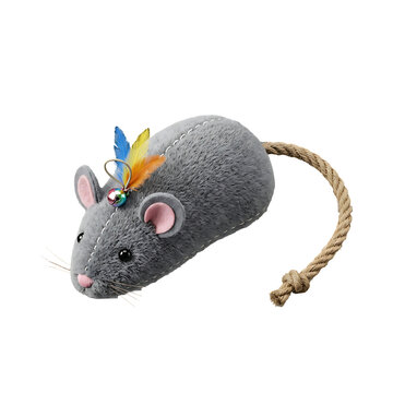 Gray plush mouse toy with colorful feathers and a rope tail isolated