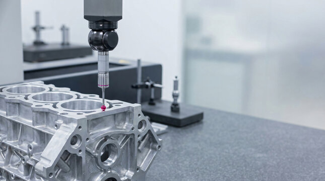 Close-up of a high precision coordinate measuring machine CMM probe tip inspecting an aluminum engine block cylinder head in a modern advanced manufacturing metrology laboratory setting with bright