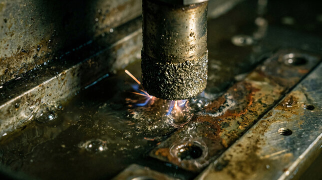 Close-up of electrical discharge machining process showing a diamond coated electrode eroding metal inside a dielectric fluid bath with bright electric sparks and rising bubbles in industrial workshop