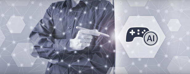 AI in gaming concept with man pointing at a gamepad icon and digital network. Smart virtual assistant enhancing gameplay experience, futuristic technology, creative digital transformation. © sh99