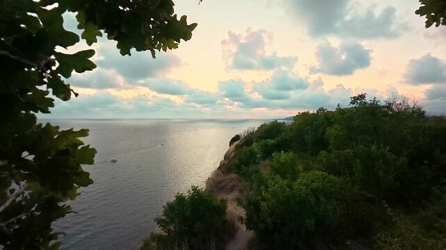 Coastal cliff overlooking calm sea beneath leafy branches and pastel sunset sky, with a narrow dirt path through dry grass and shrubs