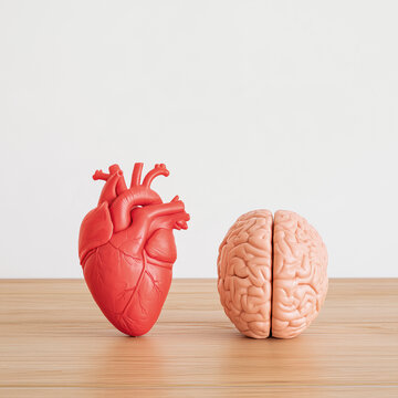 Human heart and brain models representing the balance between emotion and rational thinking